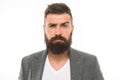 Bearded and confident. Hipster appearance. Beard fashion and barber concept. Man bearded hipster stylish beard and