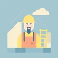 Bearded construction worker with helmet and overalls against a building backdrop. Male builder in safety gear at a Royalty Free Stock Photo