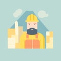 Bearded construction worker with helmet standing in front of building site. Serious male builder in safety gear and Royalty Free Stock Photo