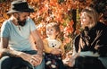 Bearded dad and mom telling son about travelling. Traveler with lot experience. Parenthood and upbringing. Family time Royalty Free Stock Photo