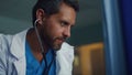 Bearded doctor using stethoscope in ward portrait. Medical examination in clinic