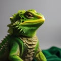 A bearded dragon as the Grinch, complete with a green furry costume and a sneer1