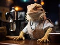 Bearded dragon barista by mini espresso machine