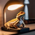 A bearded dragon basking under a heat lamp while adjusting the temperature settings on a smart thermostat5
