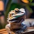 A bearded dragon basking under a heat lamp while adjusting the temperature settings on a smart thermostat1