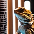 A bearded dragon basking under a heat lamp while adjusting the temperature settings on a smart thermostat2