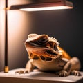 A bearded dragon basking under a heat lamp while adjusting the temperature settings on a smart thermostat3