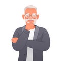 Bearded elderly man with glasses is thinking about something. Old gray-haired successful confident grandfather suspects something Royalty Free Stock Photo