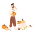 Bearded Farmer or Agricultural Worker Holding Ripe Pumpkin Vector Illustration