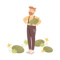 Bearded Farmer or Agricultural Worker Holding Ripe Watermelon Vector Illustration