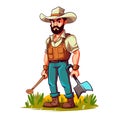 A bearded farmer in a hat is holding a spade for cultivating vegetables in his garden. Agriculture, farm concept. Cartoon vector Royalty Free Stock Photo