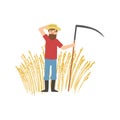 Bearded Farmer With Scythe And Wheat Field