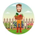 bearded farmer with vegetable basket garden fence Royalty Free Stock Photo