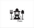 a bearded farmer wearing hat and tank top with shovel and rack simple vector icon logo design illustration