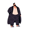 Bearded fat man in home bathrobe. Plus size heavy male character with overweight problem. Chubby, chunky person with