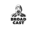 Bearded fat man wearing hat and mic. journalistic broadcasting logo design template