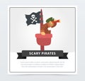 Bearded filibuster sitting on a mast and looking in spyglass, scary pirates banner, flat vector ilustration