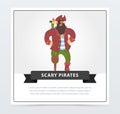 Bearded filibuster with wooden leg, parrot sitting on his shoulder, scary pirates banner, flat vector ilustration