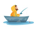 Bearded Fisherman on Board of Boat Capturing Fish with Rod Vector Illustration