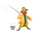 Bearded Fisherman Capturing Fish with Rod and Bucket Vector Illustration