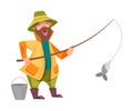 Bearded Fisherman Capturing Fish with Rod and Bucket Vector Illustration