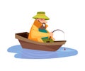 Bearded Fisherman Sailing on Boat and Capturing Fish with Rod Vector Illustration