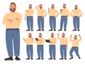 Bearded friendly stocky man in various activities on a white background. The guy uses gadgets Royalty Free Stock Photo