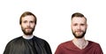 Bearded guy before after haircut Concept for a barber shop: the problem man of hair loss, transplantation, isoladed Royalty Free Stock Photo