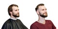 Bearded guy before after haircut Concept for a barber shop: the problem man of hair loss, transplantation, isoladed. side Royalty Free Stock Photo