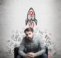 Bearded guy and rocket sketch Royalty Free Stock Photo