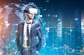 Bearded guy in VR glasses, a HUD hologram Royalty Free Stock Photo