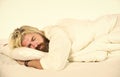 bearded guy wear white terry bathrobe sleeping on bed at hotel bedroom. bed rest while sick. man sleep in underwear. Man Royalty Free Stock Photo