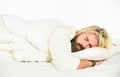 Bearded guy wear white terry bathrobe sleeping on bed at hotel bedroom. bed rest while sick. man sleep in underwear. Man Royalty Free Stock Photo