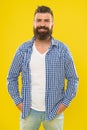 Bearded and happy. Hipster appearance. Beard fashion and barber concept. Man bearded rustic hipster stylish beard yellow