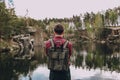 Bearded hiker backpack alone lake stony canyon Royalty Free Stock Photo