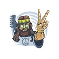 Bearded Hippie with a guitar behind his back showing the sign of freedom with his fingers. Can be printed on T-shirts