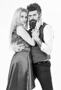 Bearded hipster and attractive lady dressed up for dancing contest. Couple in love, passionate dancers in elegant
