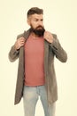 Bearded hipster brutal person. Casual outfit. School of good manners. Tips and tricks handsome man. Attractive and Royalty Free Stock Photo