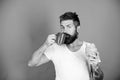 Bearded hipster enjoy breakfast drink coffee. Morning tradition concept. Aroma of fresh baked croissant. But first Royalty Free Stock Photo