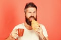Bearded hipster enjoy breakfast drink coffee. Morning tradition concept. Delicious coffee break. Man start morning with Royalty Free Stock Photo