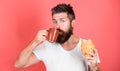 Bearded hipster enjoy breakfast drink coffee. Morning tradition concept. Fresh baked croissant. Delicious breakfast. Man Royalty Free Stock Photo