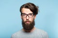 Bearded hipster eye glasses nervous alarmed man Royalty Free Stock Photo