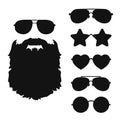 Bearded hipster face black silhouette and Sunglasses icon collection. Royalty Free Stock Photo