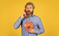 Bearded hipster man phone conversation. Call clients. Retro phone. Marketing automation. Calling on Past Customers