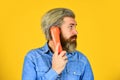 Bearded hipster man phone conversation. Successful negotiations. Retro phone. Marketing automation. Cold Calling Scripts