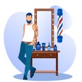 Bearded Hipster Man Stand near Mirror Barbershop