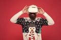 Bearded hipster play game vr. Merry christmas. Cyber gaming. Virtual achievement. Future technologies. Virtual life. Man Royalty Free Stock Photo