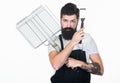 Bearded hipster wear apron for barbecue. Roasting and grilling food. Tips cooking meat. Tools for roasting meat outdoors