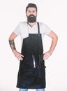 Bearded hipster wear apron for barbecue. Roasting and grilling food. Tips cooking meat. Tools for roasting meat outdoors