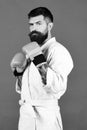 Bearded karate man or brutal caucasian hipster with moustache Royalty Free Stock Photo